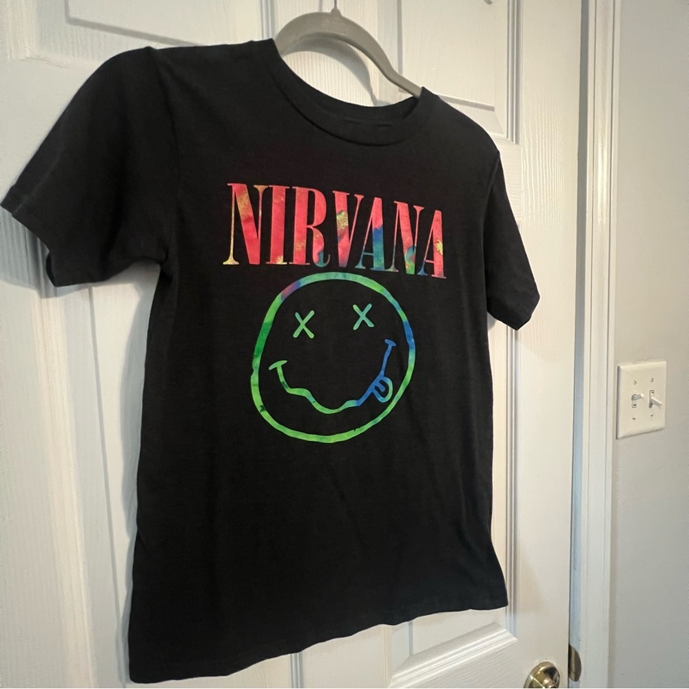 Nirvana Smiley Face Band Tee Black Graphic T-Shirt Size Small - Picture 2 of 4